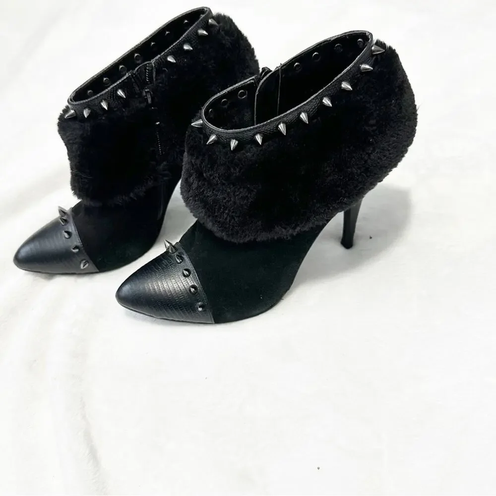 ABS Allen Schwartz Black Studded Ankle Boots fur heeled booties spiked size 8